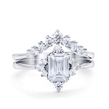 Art Deco Two Piece Wedding Ring Band Emerald Cut Cubic Zirconia 925 Sterling Silver